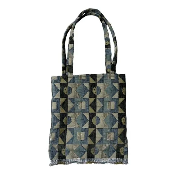 Handmade Tote Bag Tapestry Carpet Fringe Blue Green Gray Beige Books Purse - Picture 3 of 8